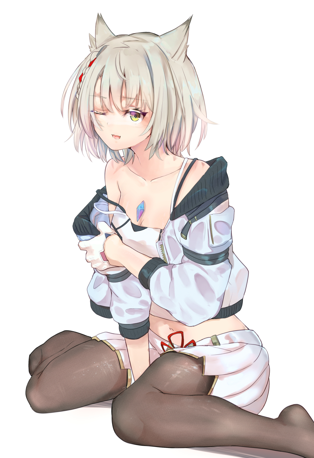 1girl, animal_ears, ao_homura, bad_id, bad_pixiv_id, breasts, camisole, cat_ears