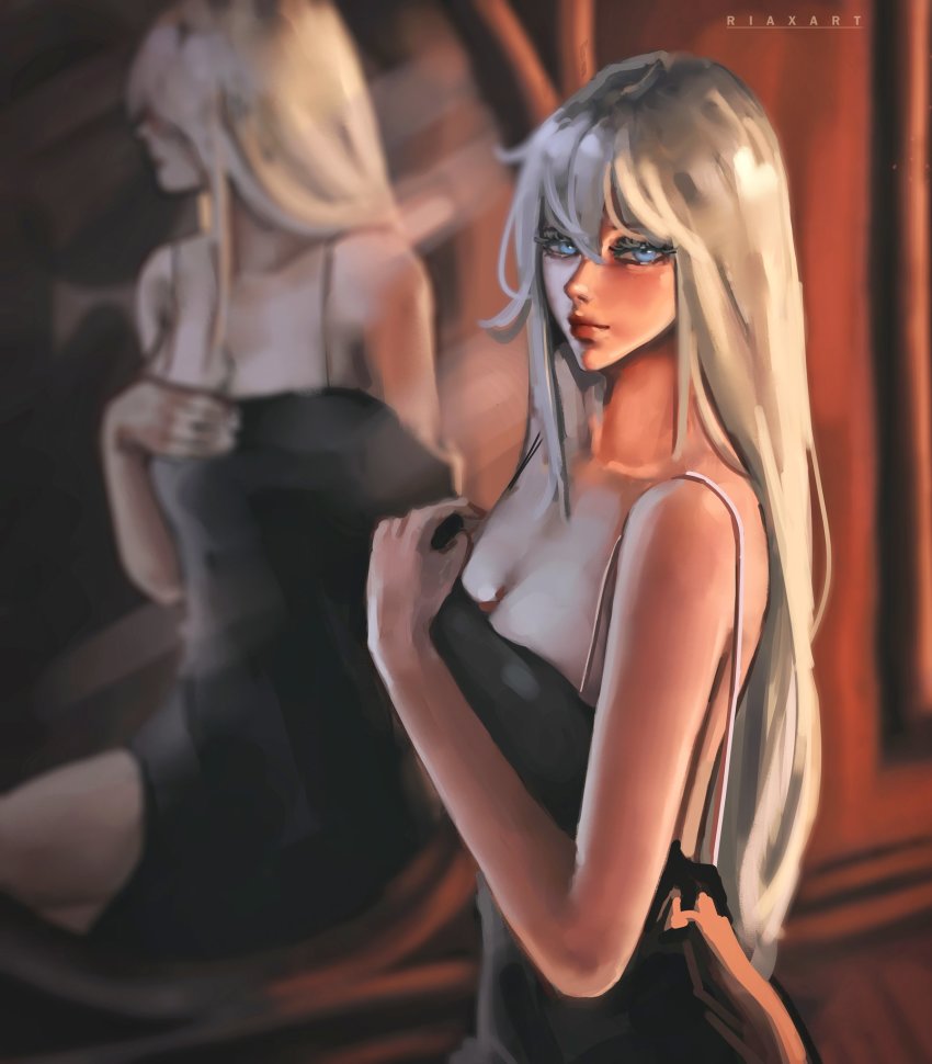 1girl, artist_name, black_dress, blue_eyes, blurry, blurry_background, breasts, cleavage