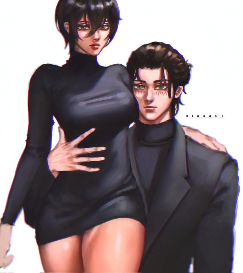1boy, 1girl, arm_around_shoulder, artist_name, black_dress, black_eyes, black_hair, breasts