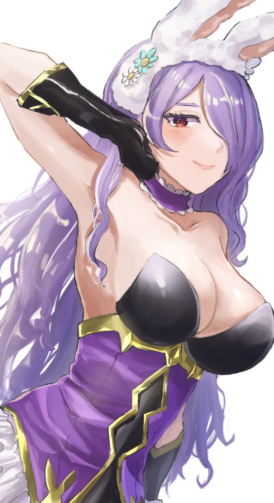 1girl, armpits, breasts, camilla_(fire_emblem), cleavage, female_focus, fire_emblem, fire_emblem_heroes, hair_over_one_eye, large_breasts, leon0630claude, long_hair, looking_at_viewer, nintendo, playboy_bunny, purple_hair, red_eyes, smile, solo, very_long_hair, white_background