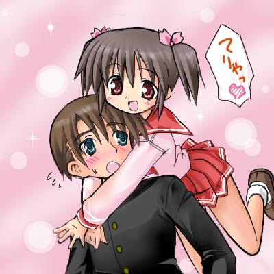 1boy, 1girl, bad_id, bad_link, black_hair, black_shirt, blue_eyes, blush_stickers