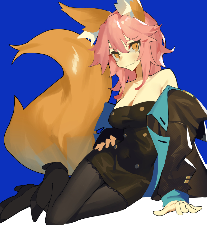 1girl, absurdres, animal_ear_fluff, animal_ears, black_dress, black_jacket, black_pantyhose, blue_background
