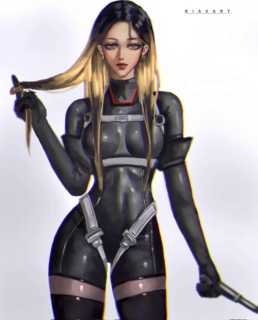 1girl, artist_name, baton_(weapon), black_hair, blonde_hair, bodysuit, breasts, breasts_apart, chromatic_aberration, commentary, earrings, english_commentary, genderswap, genderswap_(mtf), twirling_hair, haitani_ran, highres, jewelry, long_hair, looking_at_viewer, medium_breasts, multicolored_hair, purple_eyes, riaxart, smile, solo, tokyo_revengers, two-tone_hair, weapon, white_background