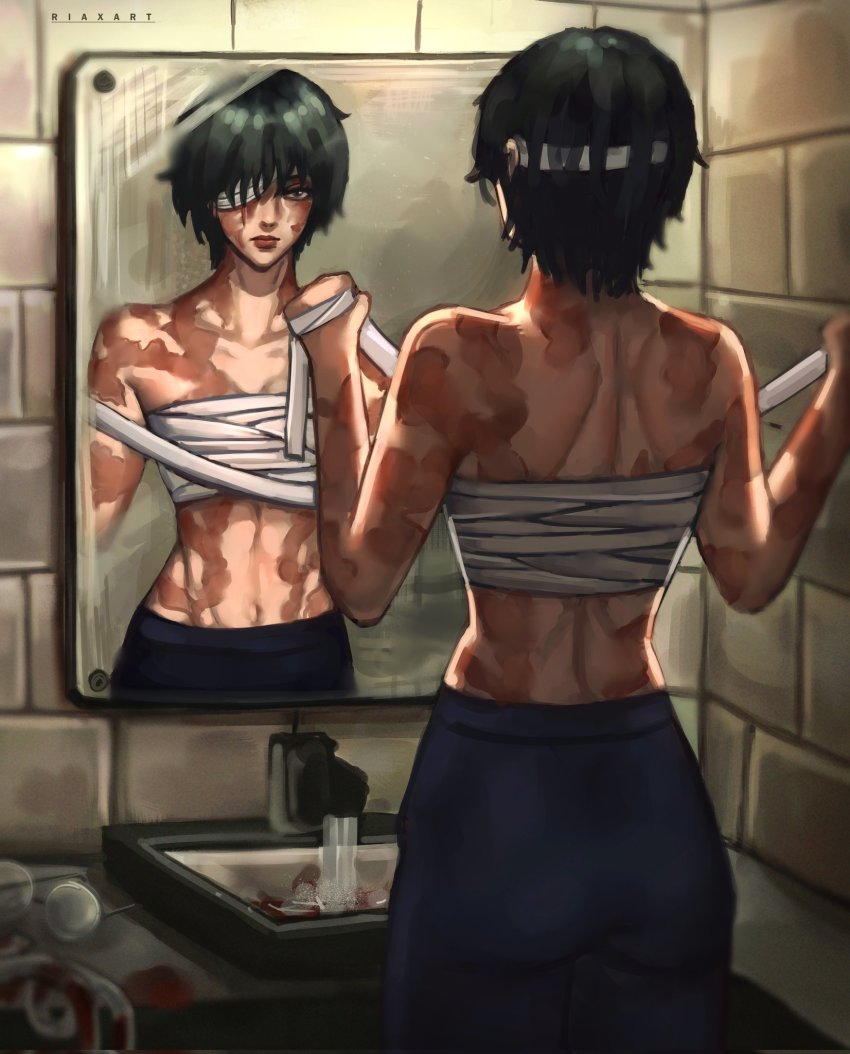 1girl, bandaged_chest, bandaged_hand, bandages, bandeau, bathroom, blood, bloody_bandages, closed_mouth, commentary, english_commentary, faucet, green_hair, highres, jujutsu_kaisen, looking_at_mirror, mirror, navel, pants, riaxart, sarashi, scar, short_hair, sink, solo, spoilers, strapless, tube_top, zen'in_maki, zen'in_maki_(post_shibuya)