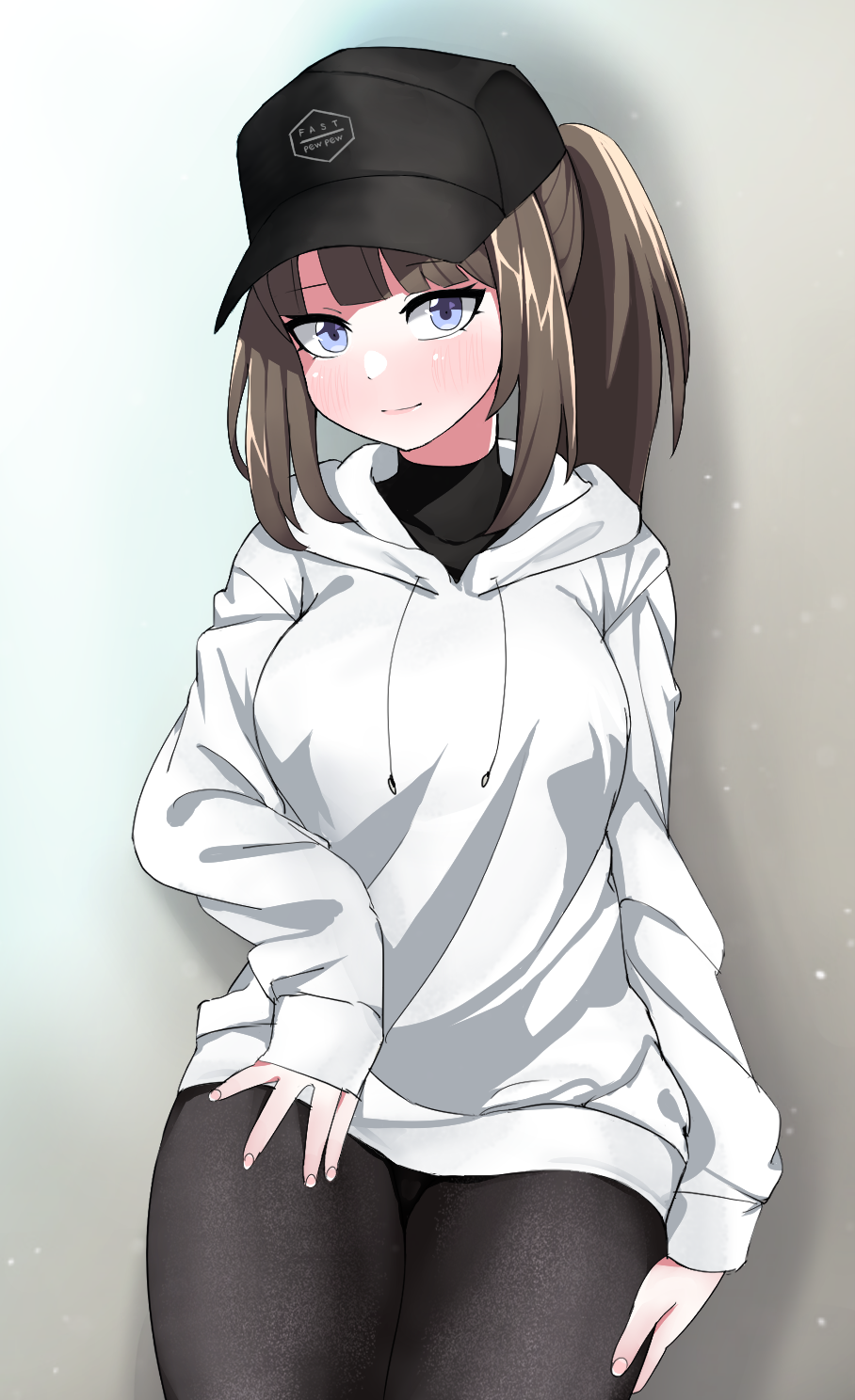 1girl, baseball_cap, black_leggings, blue_eyes, blush, cowboy_shot, dier_(girls'_frontline), dima_(girls'_frontline), genderswap, genderswap_(mtf), girls'_frontline, hands_on_own_thighs, hat, highres, hood, hoodie, leggings, mixed-language_commentary, rifnets_(dtiko), simple_background, solo