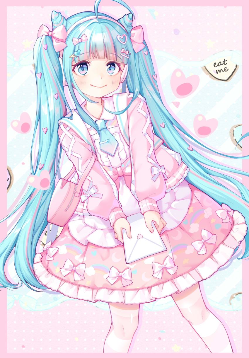 1girl, absurdres, bag, blue_eyes, blue_hair, border, bow, cardigan
