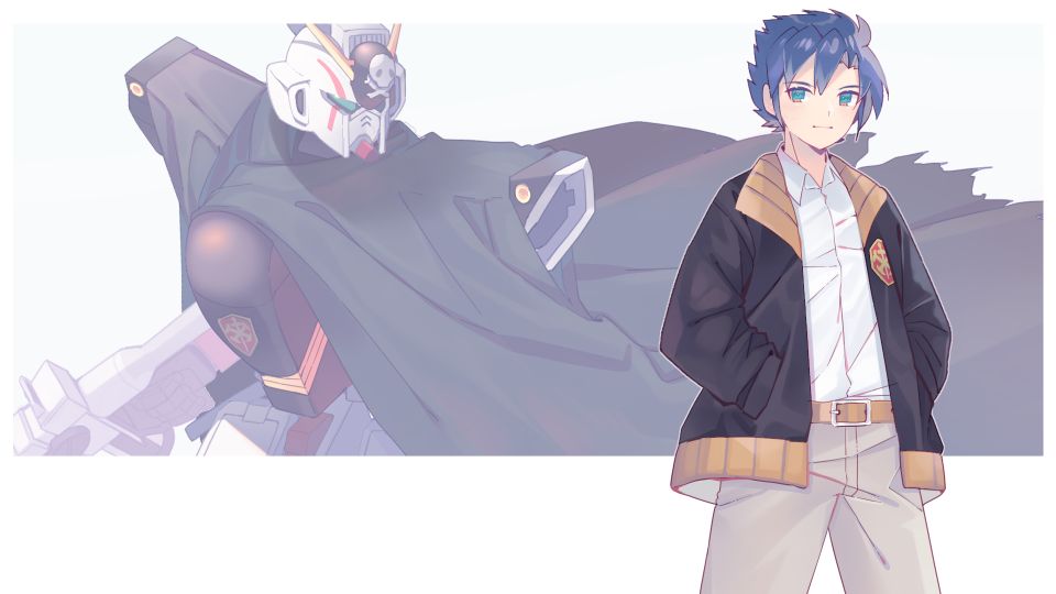 1boy, 2y_(tsuyu), belt, black_cape, black_jacket, blue_eyes, blue_hair, brown_belt