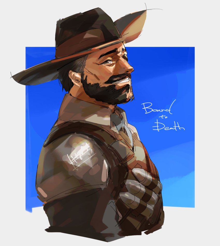 1boy, animification, apex_legends, bad_id, bad_twitter_id, black_hair, blouse, boared_to_death_fuse, brown_hat, brown_jacket, character_name, collared_shirt, cowboy_hat, from_side, fuse_(apex_legends), grey_shirt, hat, highres, jacket, male_focus, official_alternate_costume, shirt, smile, solo, thundergotch