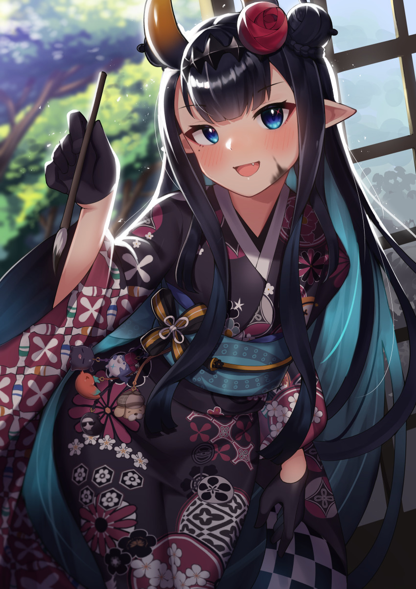 1girl, :d, absurdres, accessories, alternate_costume, aqua_hair, black_gloves, black_hair