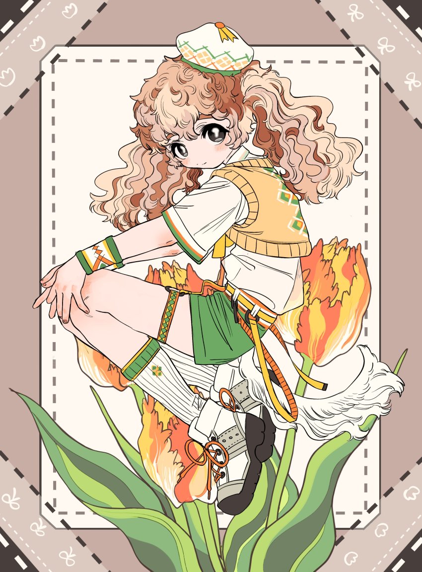 1other, absurdres, androgynous, animal_ears, belt, black_eyes, bright_pupils, brown_hair, kneehighs, cavalier, curly_hair, dog_ears, dog_tail, flower, full_body, green_shorts, hand_on_own_knee, hat, highres, light_brown_hair, looking_at_viewer, multicolored_hair, original, personification, plant, shima_(wansyon144), shirt, short_hair, shorts, smile, socks, solo, streaked_hair, sweater_vest, tail, tulip, white_fur, white_hat, white_pupils, white_shirt, wristband, yellow_belt