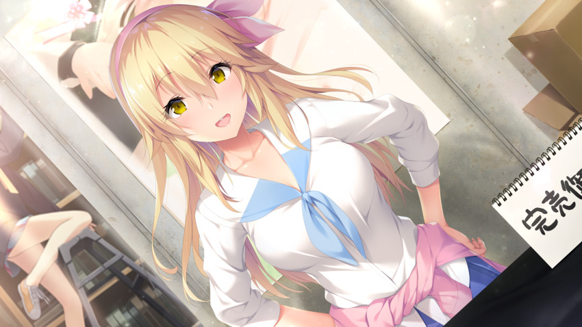 1girl, blonde_hair, boku_no_mirai_wa_koi_to_kakin_to, breasts, clothes_around_waist, female_focus, game_cg, hair_between_eyes