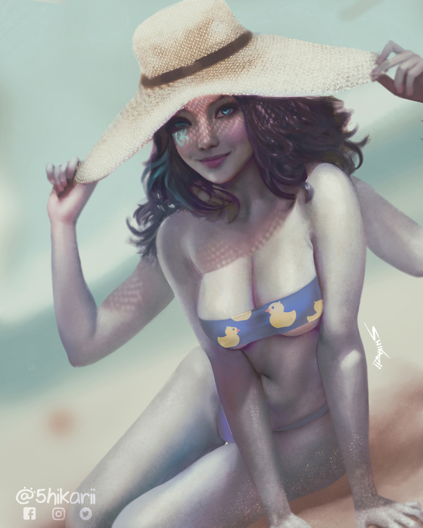 1girl, absurdres, bare_shoulders, beach, bikini, blue_eyes, blue_hair, breasts