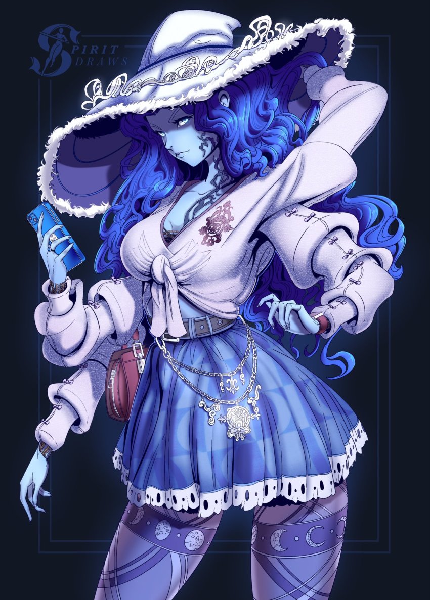 1girl, adjusting_hair, alternate_breast_size, alternate_costume, arm_behind_head, arm_up, bag, belt, black_belt, blue_eyes, blue_hair, blue_skin, blue_skirt, breasts, cellphone, chain, cleavage, closed_mouth, collarbone, colored_skin, cracked_skin, crescent_print, doll_joints, elden_ring, extra_arms, fingernails, front-tie_top, grey_shirt, hand_up, handbag, hat, highres, holding, holding_phone, jewelry, joints, large_breasts, large_hat, layered_sleeves, legs_apart, long_fingernails, long_hair, long_sleeves, miniskirt, moon_print, pantyhose, phone, pink_bag, ranni_the_witch, ring, shirt, skirt, smartphone, solo, spiritdraws, tied_shirt, wavy_hair, white_hat, white_shirt, witch_hat