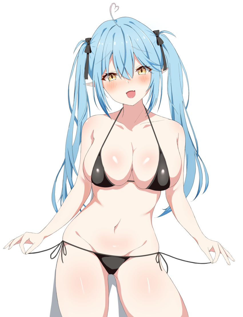 1girl, :d, ahoge, bare_arms, bare_shoulders, bikini, black_bikini, black_ribbon