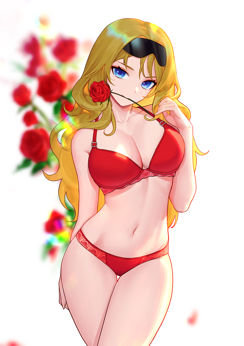 1girl, bare_arms, bare_shoulders, black_hairband, blonde_hair, blue_eyes, bra, breasts