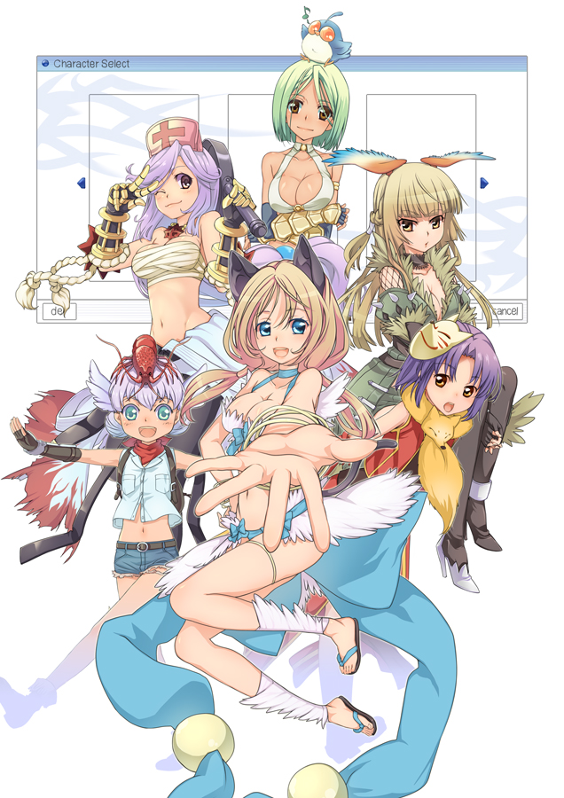 6+girls, alternate_color, animal, animal_around_neck, animal_ears, animal_on_head, arms_under_breasts, bandana