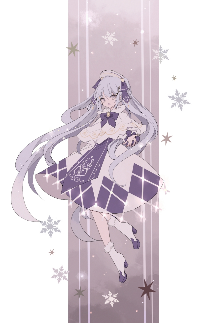 1girl, absurdres, bevelled_mirror, blue_bow, boots, bow, capelet, dress