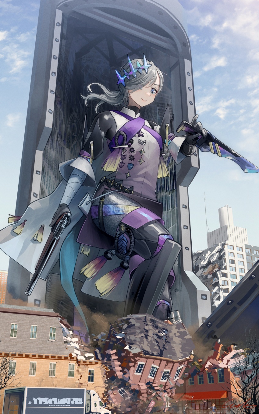 1girl, absurdres, blue_sky, city, closed_mouth, cloud, combat_knife, contender_(dragon's_son)_(girls'_frontline)