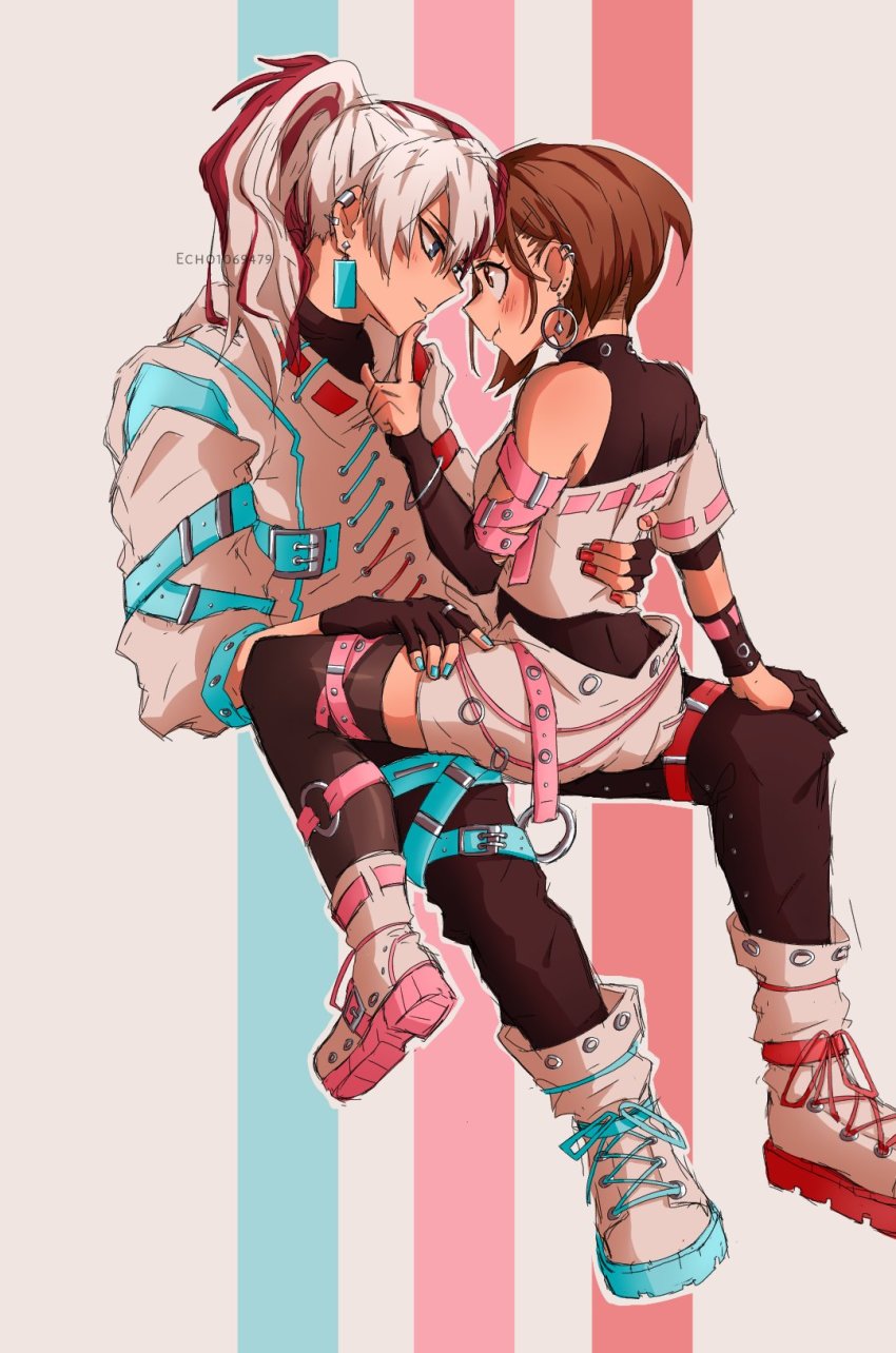 1boy, 1girl, artist_name, bare_shoulders, black_gloves, blue_eyes, blue_nails, blush