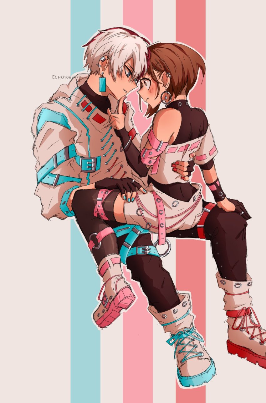 1boy, 1girl, artist_name, bare_shoulders, black_gloves, blue_eyes, blue_nails, blush