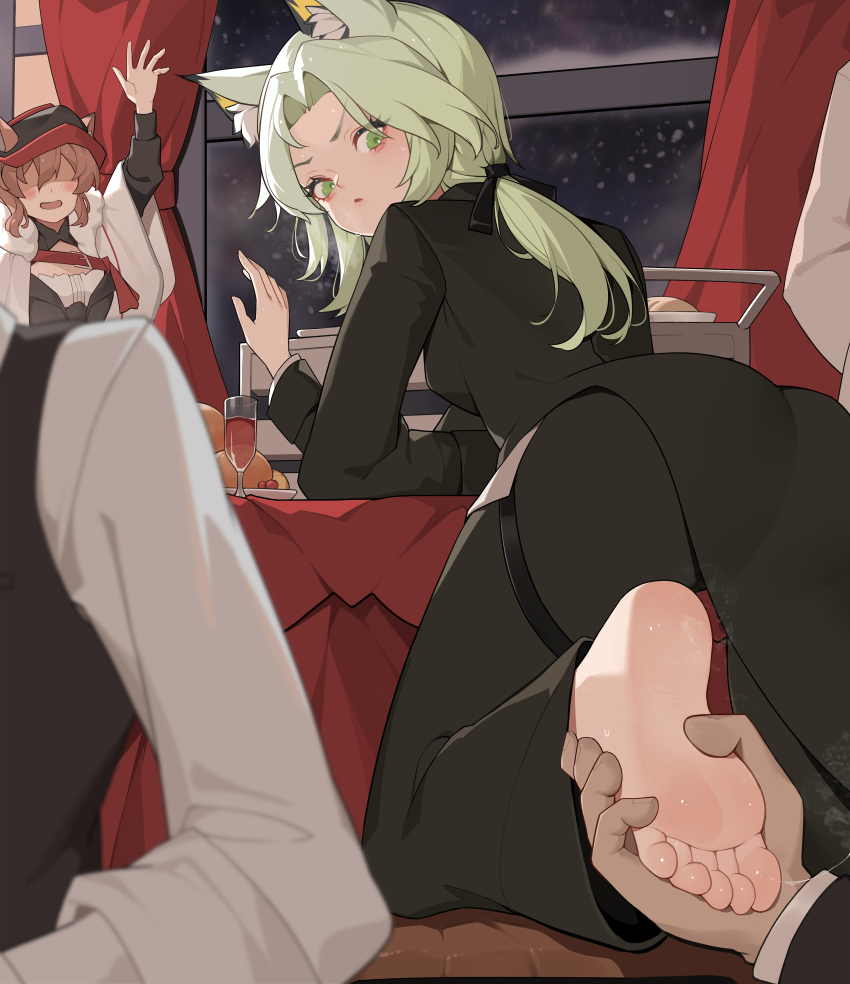 2boys, 2girls, :d, absurdres, animal_ear_fluff, animal_ears, arknights, ass, barefoot, black_dress, black_jacket, black_pants, black_vest, blurry, blurry_foreground, blush, breasts, cat_ears, closed_mouth, cup, depth_of_field, dress, drinking_glass, ears_through_headwear, faceless, faceless_female, feet, formal_clothes, grabbing, green_eyes, green_hair, heidi_(arknights), heidi_(young)_(arknights), hetero, highres, holding_another's_foot, indoors, jacket, kal'tsit_(arknights), kal'tsit_(formal)_(arknights), long_hair, long_sleeves, looking_back, low_ponytail, medium_breasts, multiple_boys, multiple_girls, official_alternate_costume, open_mouth, pants, ponytail, red_headwear, saliva, saliva_trail, shirt, smile, snowing, soles, steam, suit, thigh_strap, toes, v-shaped_eyebrows, vest, waving, white_shirt, window, xssh