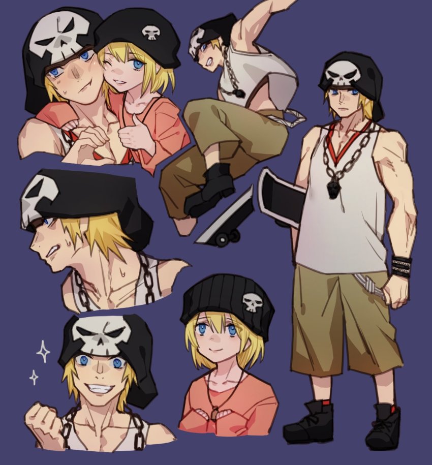 1boy, 1girl, beanie, bell, bito_daisukenojo, bito_raimu, black_headwear, blonde_hair