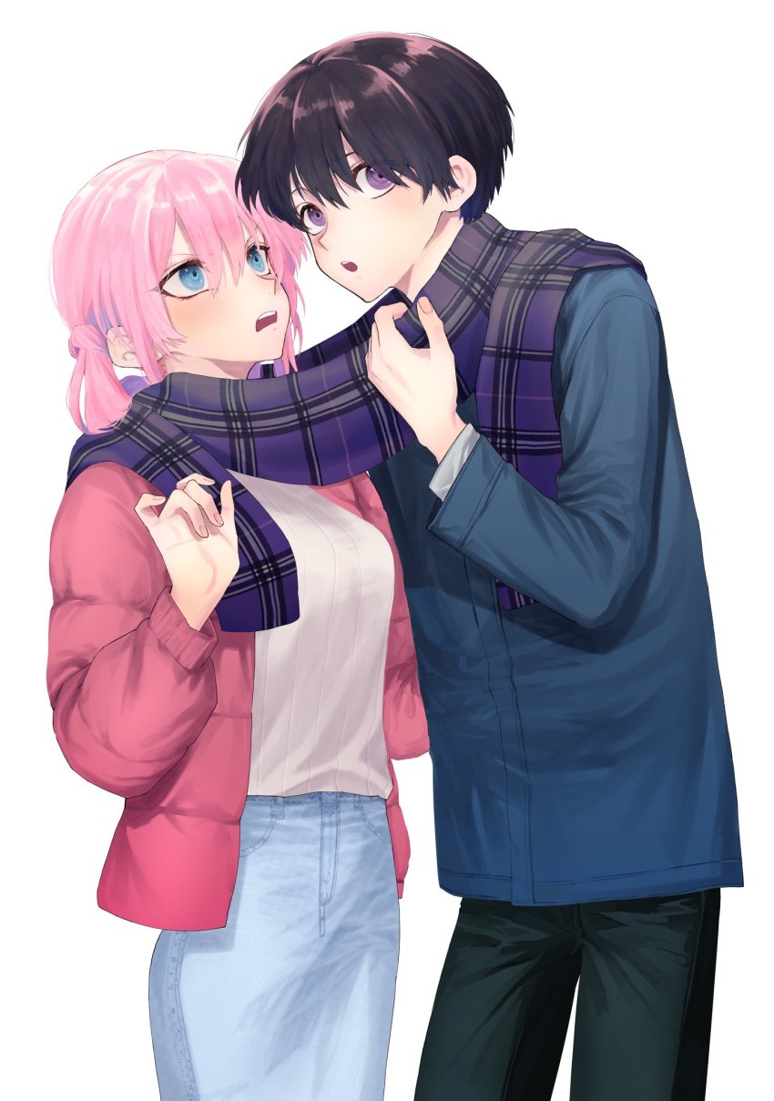 1boy, 1girl, black_hair, blue_eyes, blue_jacket, blush, breasts, commentary_request