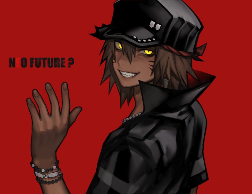 1boy, bandana, baseball_cap, dark-skinned_male, dark_skin, facial_mark, grey_hair, grin