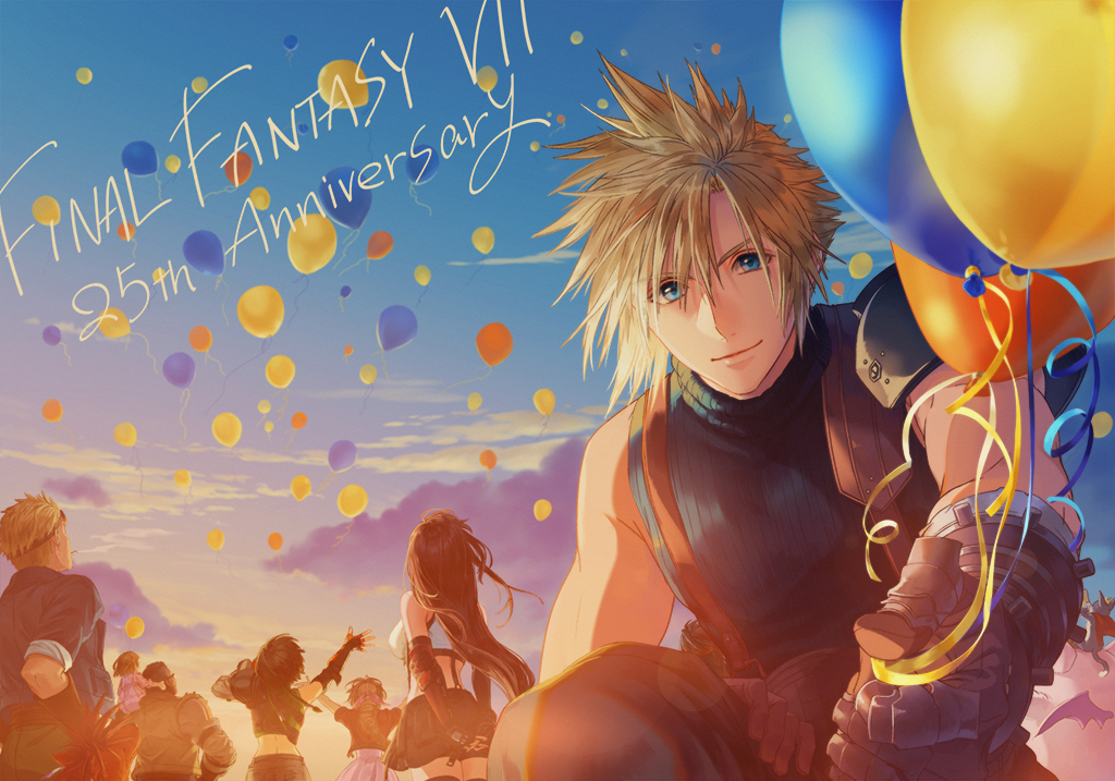4boys, 4girls, aerith_gainsborough, anniversary, armor, balloon, bare_shoulders, barret_wallace