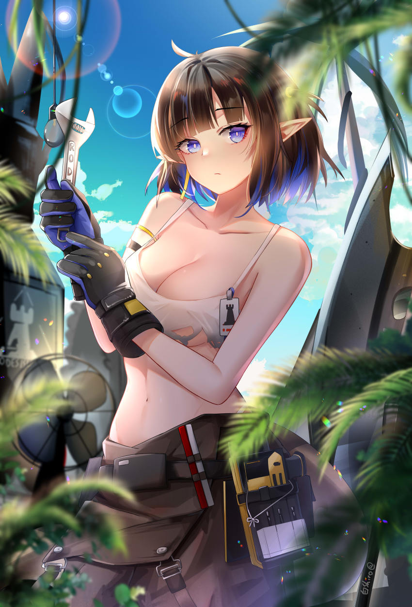 1girl, absurdres, ahoge, arknights, bai_shiro@, bare_shoulders, black_gloves, black_hair, black_pants, blue_eyes, blue_hair, blue_sky, blunt_bangs, breasts, camisole, cleavage, cloud, collarbone, colored_inner_hair, commentary, cowboy_shot, crop_top, day, electric_fan, eunectes_(arknights), eunectes_(forgemaster)_(arknights), gloves, hand_up, highres, holding, holding_wrench, large_breasts, lens_flare, looking_at_viewer, midriff, multicolored_hair, navel, outdoors, pants, pointy_ears, short_hair, sky, solo, spaghetti_strap, standing, stomach, wrench