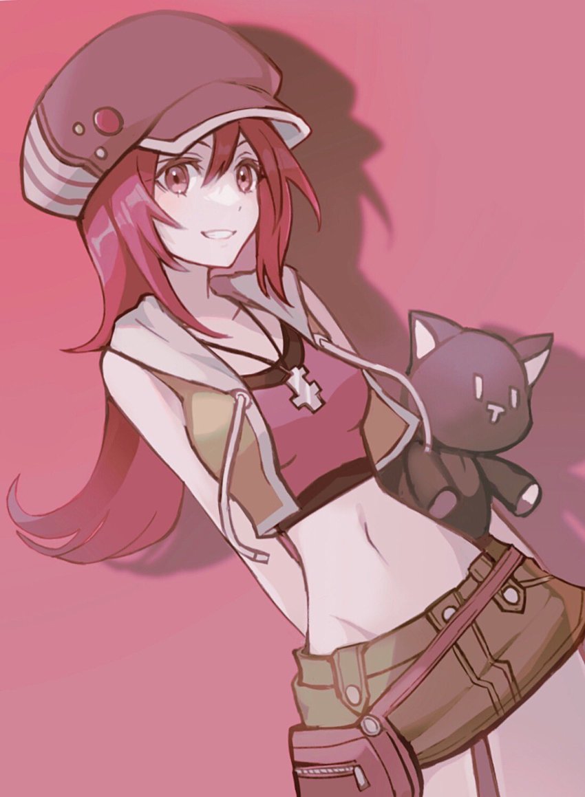 1girl, 3ch_, arms_behind_back, newsboy_cap, fanny_pack, female_focus, green_skirt, grin, hat, highres, hip_bones, holding, holding_stuffed_toy, hood, hooded_jacket, jacket, looking_at_viewer, matching_hair/eyes, midriff, miniskirt, misaki_shiki, navel, nyantan, red_background, red_eyes, red_hair, simple_background, skirt, sleeveless, sleeveless_jacket, smile, solo, stuffed_animal, stuffed_cat, stuffed_toy, subarashiki_kono_sekai, yellow_jacket