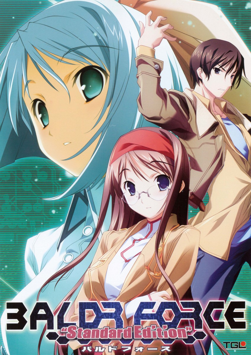 1boy, 2girls, absurdres, baldr_(series), baldr_force, blue_eyes, blue_hair, blue_pants