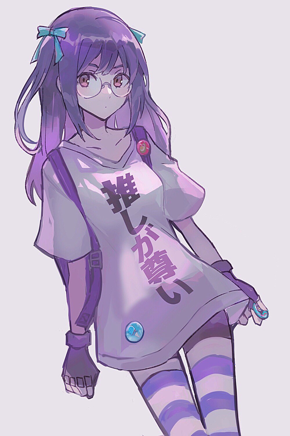 1girl, 3ch_, backpack, badge, bag, bike_shorts, black_shorts, closed_mouth