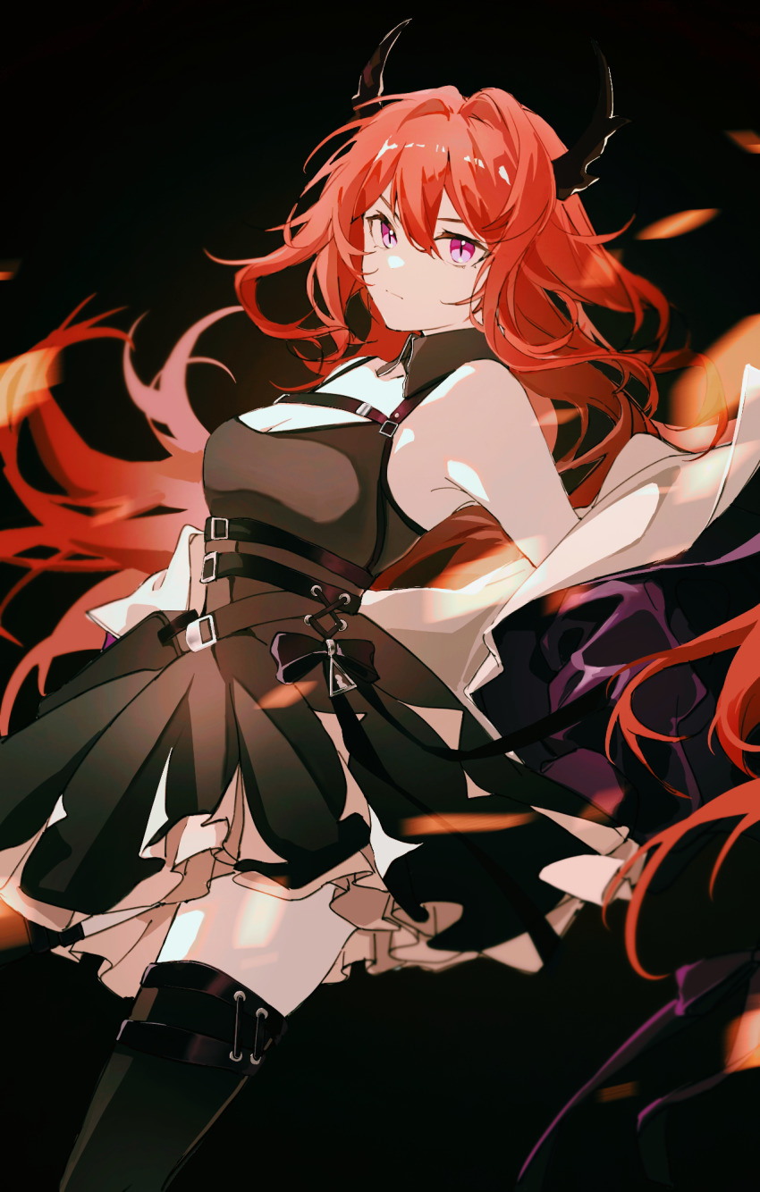 1girl, arknights, bare_shoulders, belt, black_background, black_belt, black_dress, black_thighhighs