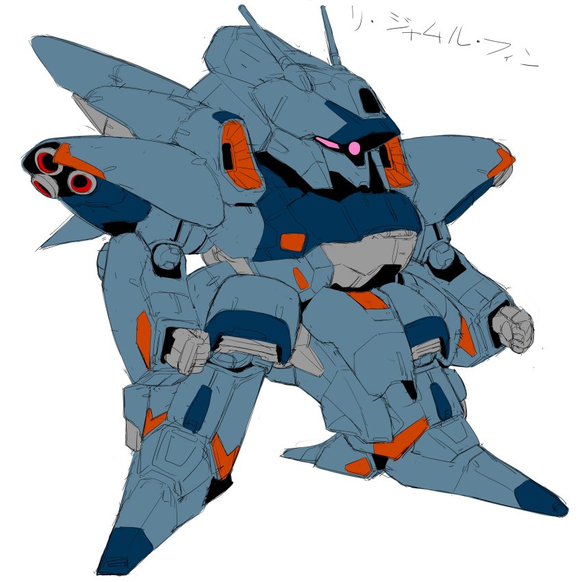 absurdres, chibi, clenched_hands, gundam, gundam_zz, highres, jamru_fin, looking_ahead, mecha, no_humans, one-eyed, pink_eyes, redesign, robot, sketch, solo, waishou_(fusuma), white_background