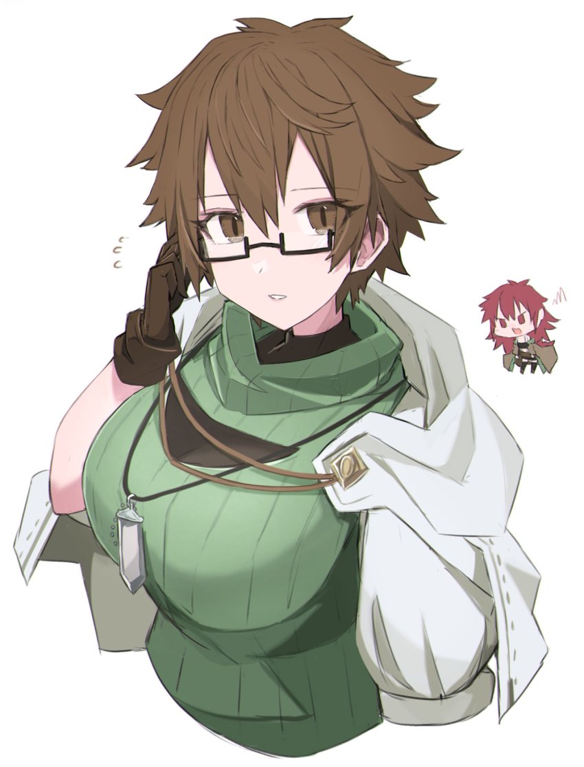 2girls, adjusting_eyewear, aussa_(yu-gi-oh!), aussa_the_earth_channeler, aussa_the_earth_charmer, breasts, brown_eyes, brown_hair