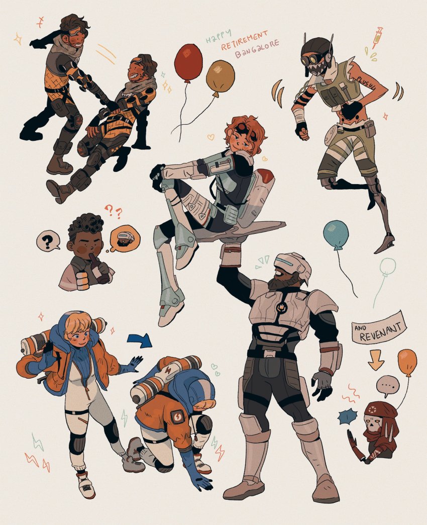 3girls, 5boys, ?, ??, absurdres, apex_legends, armor, balloon