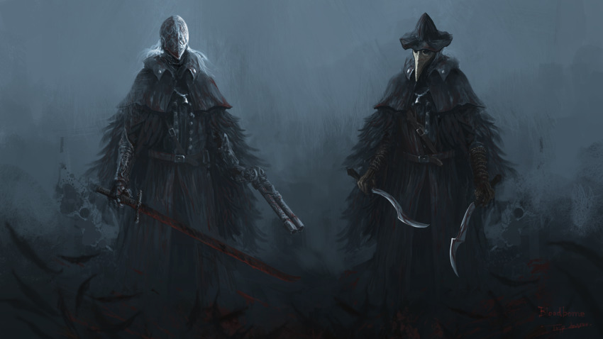 1boy, 1girl, black_headwear, blade_of_mercy, bloodborne, bloody_crow_of_cainhurst, boots, character_request