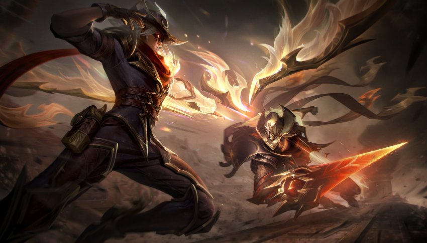 2boys, absurdres, black_shirt, brown_gloves, cowboy_hat, detached_wings, eye_mask, gloves, glowing, glowing_eyes, grey_hair, hat, high_noon_talon, high_noon_varus, highres, holding, holding_weapon, jumping, league_of_legends, long_hair, male_focus, mask, multiple_boys, official_alternate_costume, official_art, outdoors, pants, shirt, smile, talon_(league_of_legends), varus, weapon, white_hair, wings
