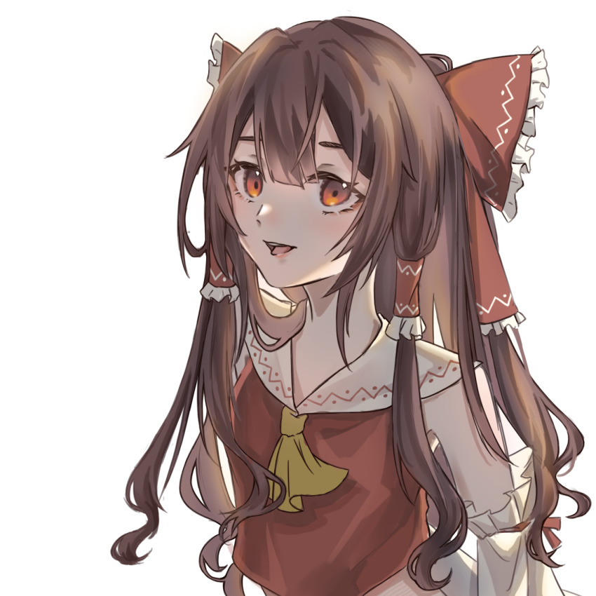 1girl, ascot, bare_shoulders, bow, breasts, brown_ascot, brown_hair, collared_shirt, commentary_request, detached_sleeves, eyes_visible_through_hair, frills, hair_between_eyes, hair_ornament, hair_tubes, hakurei_reimu, highres, japanese_clothes, jing-endorphin, long_hair, long_sleeves, looking_at_viewer, medium_breasts, miko, open_mouth, orange_eyes, ponytail, red_bow, red_eyes, red_ribbon, red_shirt, ribbon, ribbon-trimmed_sleeves, ribbon_trim, shirt, simple_background, smile, solo, teeth, tongue, touhou, white_background, wide_sleeves