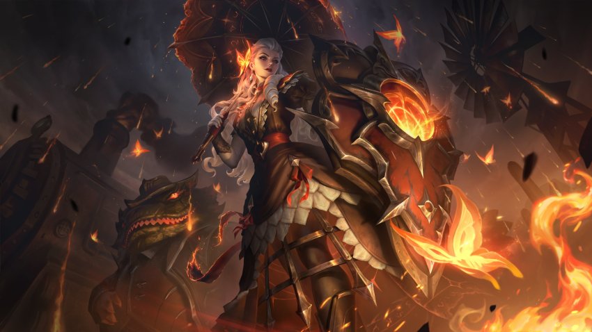 1girl, absurdres, alternate_costume, black_dress, brown_headwear, bug, butterfly, closed_mouth, collared_shirt, cowboy_hat, dress, drill_hair, earrings, embers, fat, fat_man, fingerless_gloves, fire, gloves, glowing, hat, high_noon_leona, highres, holding, holding_shield, holding_umbrella, insect, jacket, jewelry, league_of_legends, leona_(league_of_legends), long_hair, official_alternate_costume, official_art, open_clothes, open_jacket, red_vest, reptile_boy, sharp_teeth, shield, shirt, standing, tahm_kench, teeth, train, umbrella, vest, white_hair, windmill