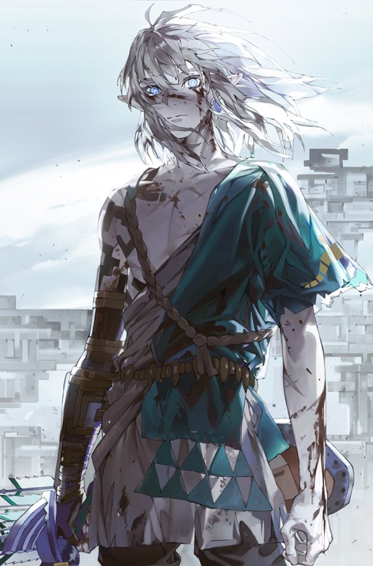 1boy, archaic_set_(zelda), arm_guards, arm_wrap, arms_at_sides, black_pants, blood, blood_on_arm, blood_on_chest, blood_on_clothes, blood_on_face, blood_on_hands, blue_eyes, body_markings, building, closed_mouth, cuts, day, earrings, flower, frown, grey_hair, hair_between_eyes, hair_down, holding, holding_sword, holding_weapon, injury, jewelry, link, looking_at_viewer, male_focus, medium_hair, messy_hair, nintendo, outdoors, overcast, pants, pointy_ears, scar, scar_on_arm, scar_on_chest, scar_on_face, scar_on_hand, scar_on_neck, shirt, short_sleeves, sidelocks, single-shoulder_shirt, single_bare_shoulder, sky, solo, starstruckdon, sword, the_legend_of_zelda, the_legend_of_zelda:_breath_of_the_wild, the_legend_of_zelda:_tears_of_the_kingdom, torn_clothes, torn_sleeves, weapon, wind