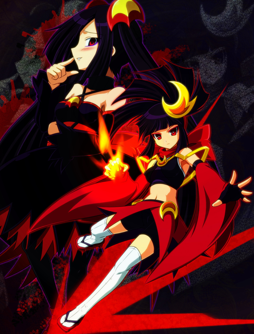 2girls, bike_shorts, blush, crescent, crescent_hair_ornament, crescent_moon, dress, eyeliner, eyeshadow, fire, fushigi_tsuushin_toire_no_hanako-san, hair_ornament, hanako-san, hanako-san_(fushigi_tsuushin_toire_no_hanako-san), highres, japanese_clothes, kneehighs, ma-shin, makeup, midriff, moon, multiple_girls, navel, red_eyes, socks, yamiko-san, yamiko-san_(fushigi_tsuushin_toire_no_hanako-san)