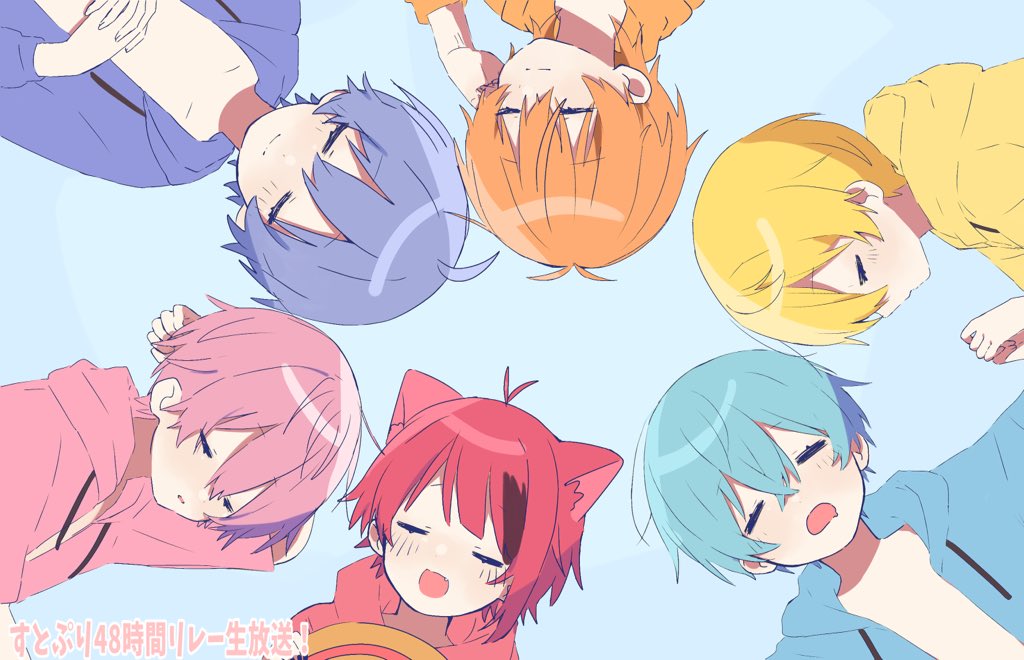6+boys, animal_ears, blonde_hair, blue_background, blue_hair, blush, circle_formation, closed_eyes