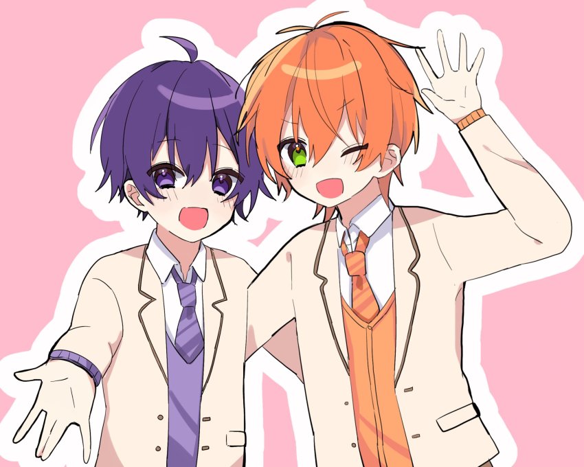 2boys, blush, diagonal-striped_clothes, diagonal-striped_necktie, green_eyes, highres, hosizora_(sparetime), jel_(stpri)