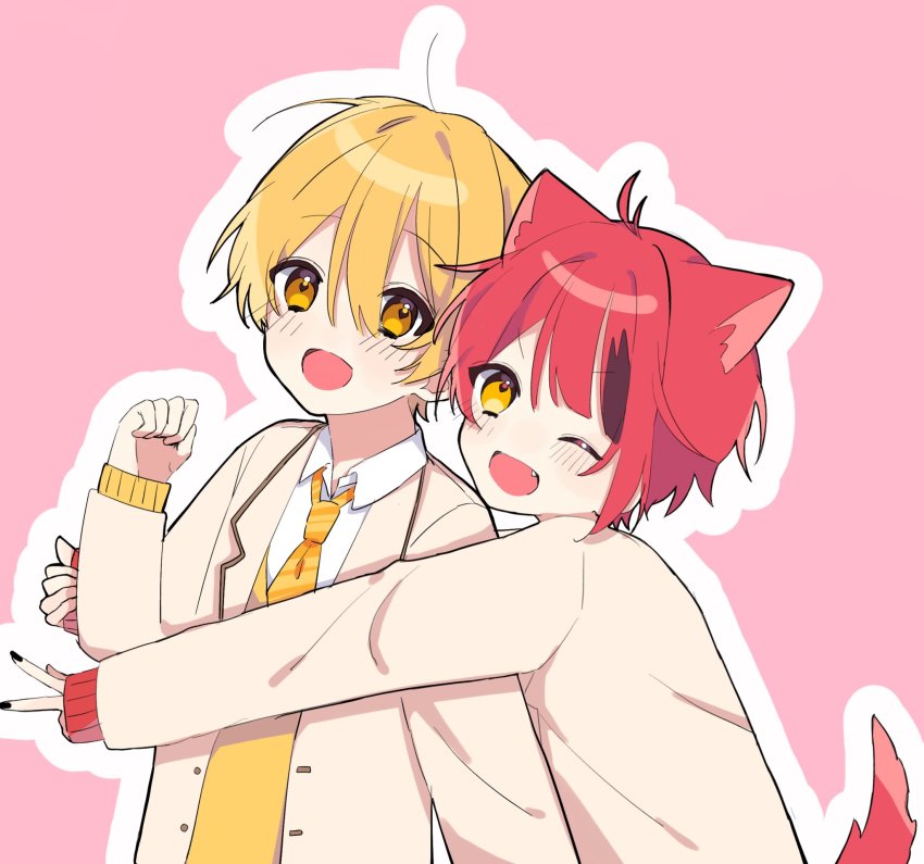 2boys, androgynous, animal_ears, blonde_hair, blush, dog_boy, dog_ears, dog_tail
