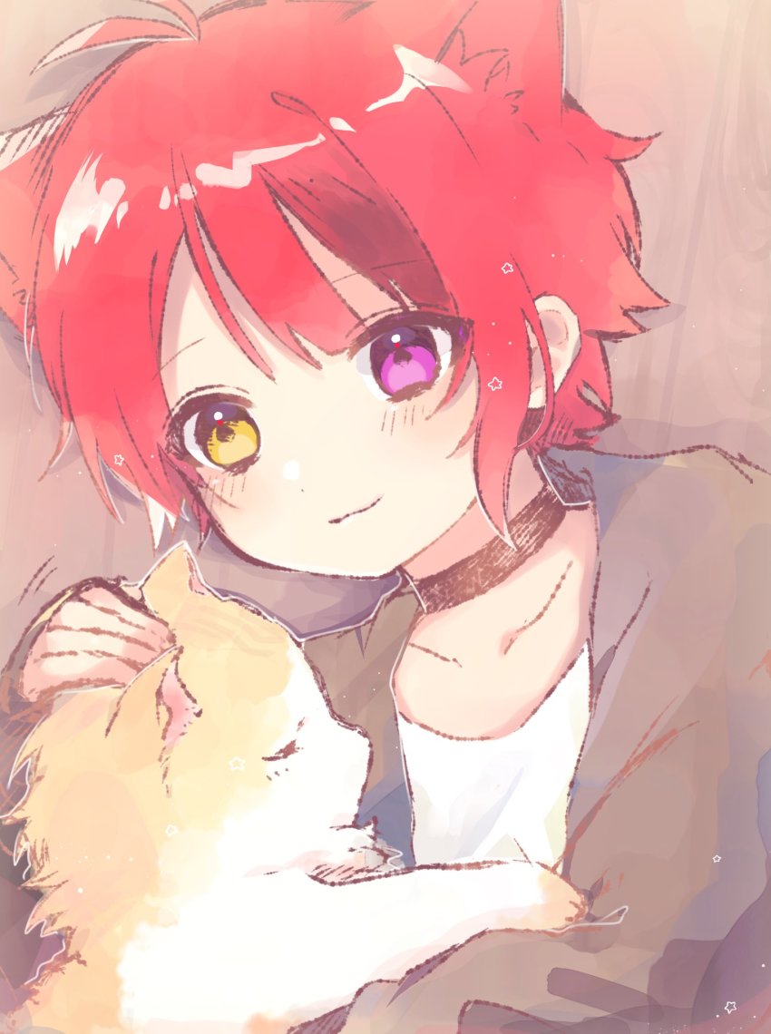 1boy, animal_ears, blush, cat, choker, cuddling, dog_boy, dog_ears