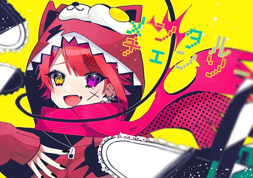 1boy, animal_ears, chainsaw, dog_boy, dog_ears, ear_piercing, fang, heterochromia