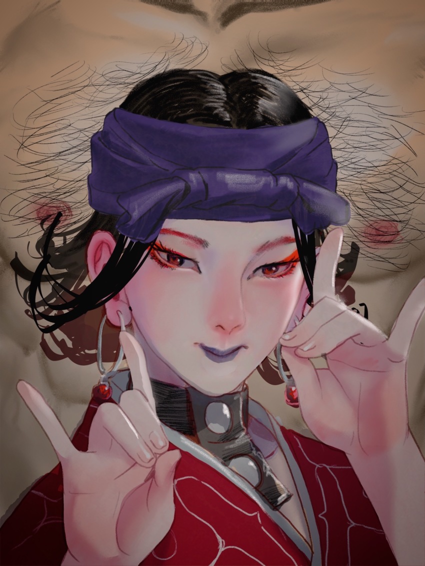 1boy, 1girl, black_hair, blue_lips, chest_hair, earrings, fox_shadow_puppet, golden_kamuy