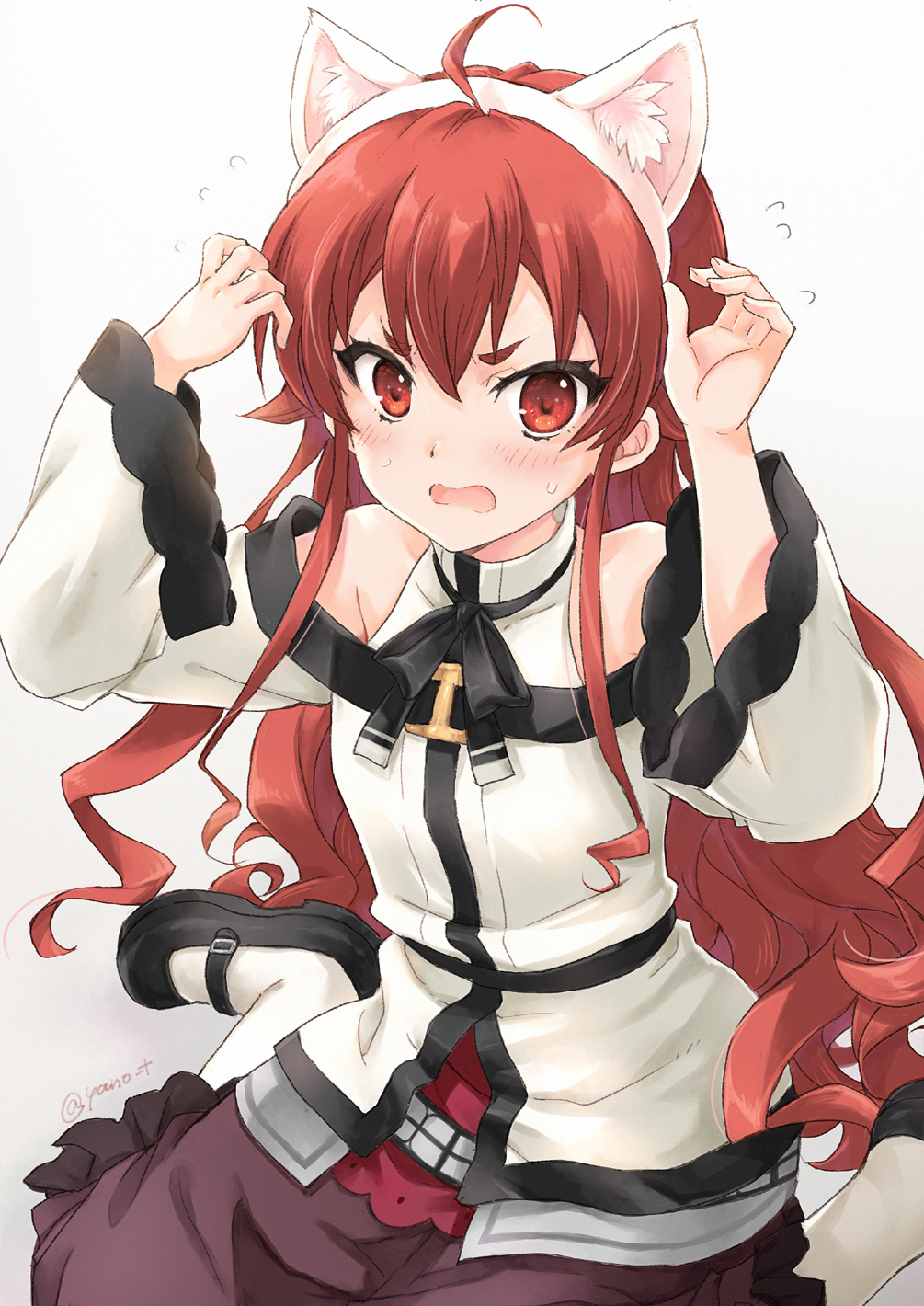 1girl, ahoge, animal_ears, bar_censor, black_hairband, blush, cat_ears, censored